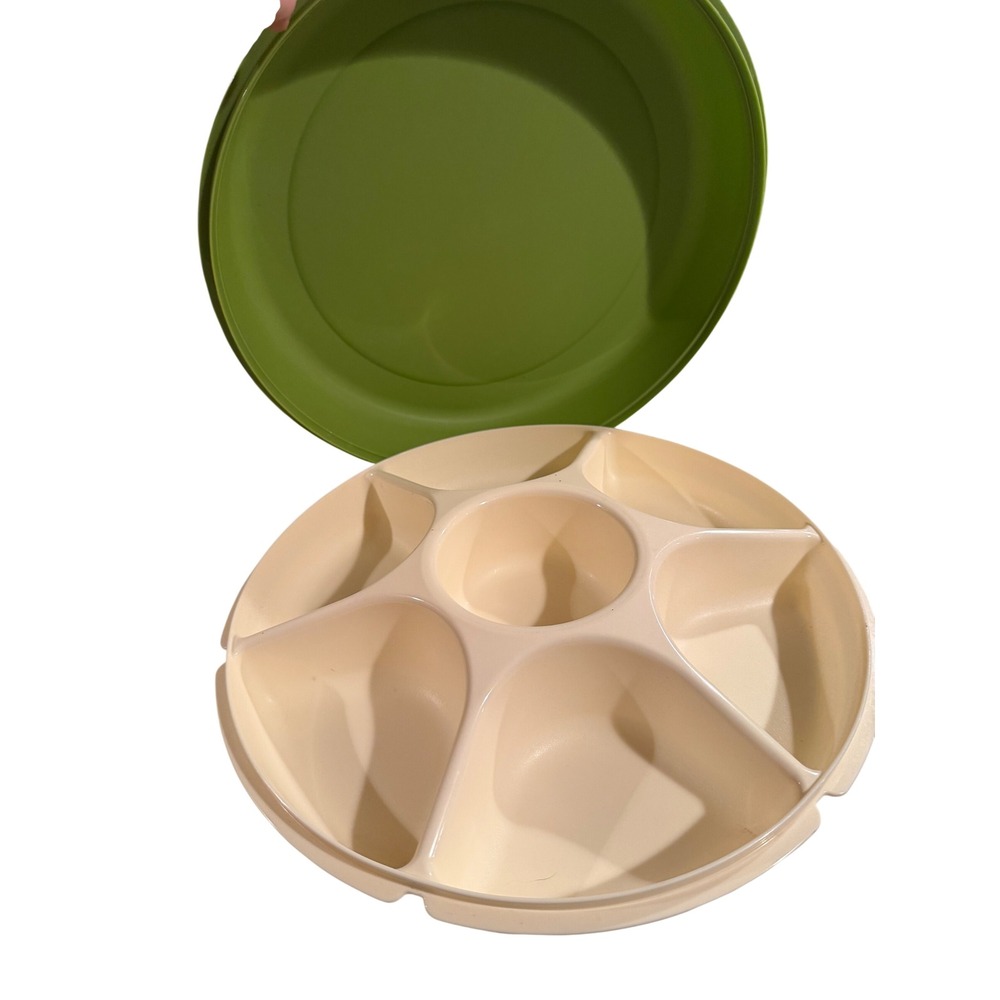 Vintage 1970s Tupperware Serving Center Spaceship Party Tray Avocado Green